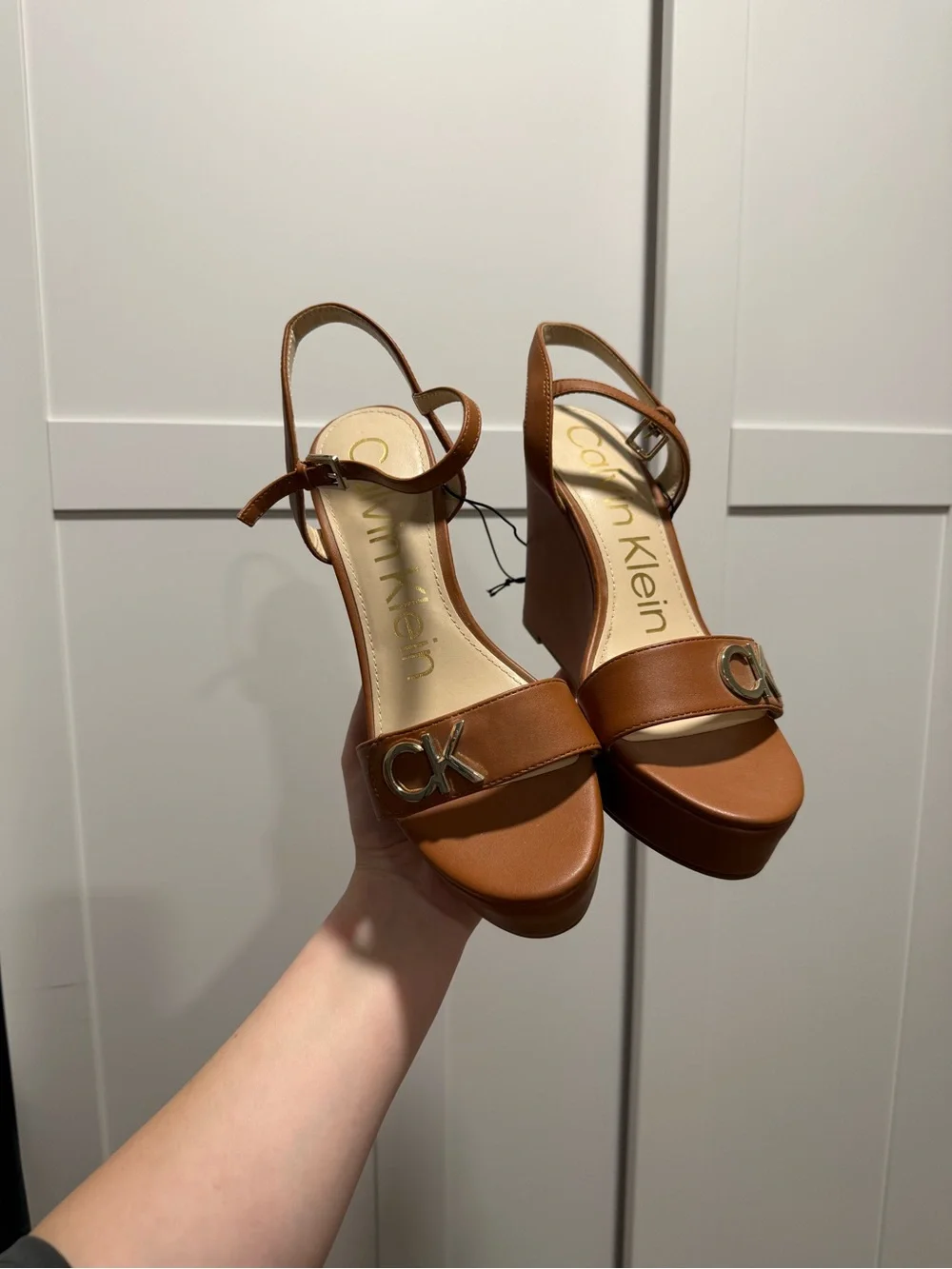Calvin Klein Tan Leather Platform Wedge Sandals
